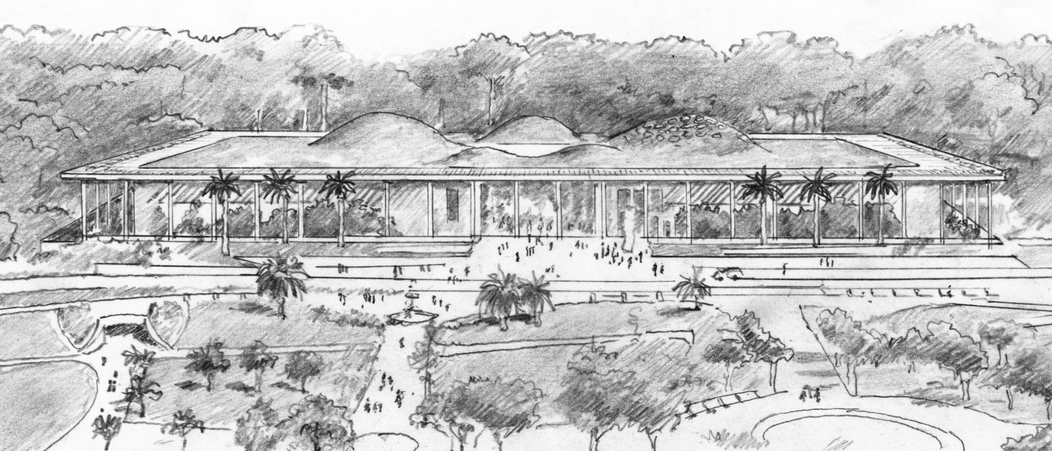 black and white architectural drawing of a long single floor building with palm trees and landscape in the background and foreground