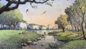 meadow and creek with large grassy lawns on both sides and trees. people fly kites and sit on blankets on a sunny day. watercolor painting.