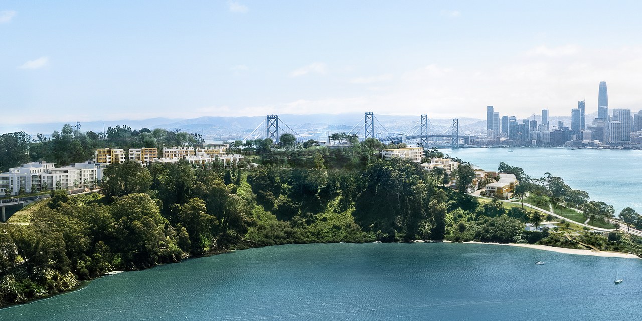 rendered view of san francisco's yerba buena island. large bridge connecting the island to san francsico in the background with lush greenery and modern apartment complexes in the foreground