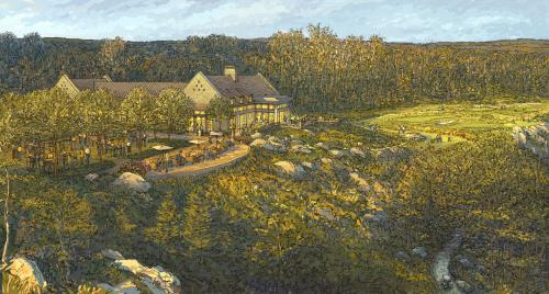 water color painting of a gold clubhouse set in a lush green backdrop with exposed stone walls and rolling hills