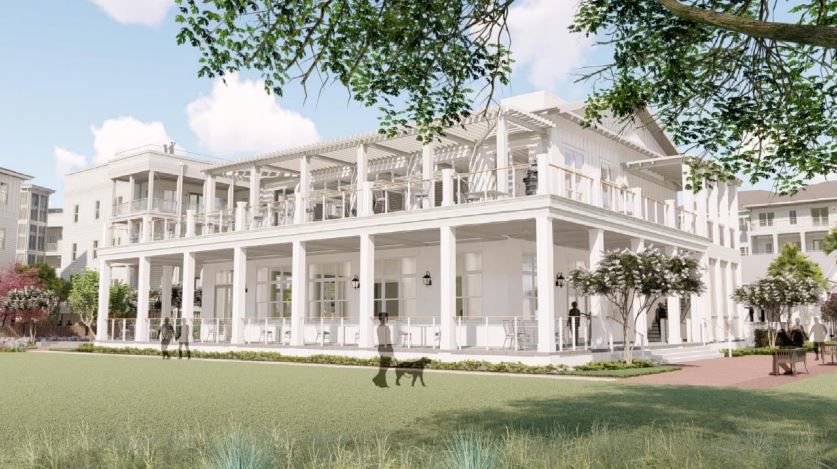 architectural rendering of white, modern building with two floors and wrap around balcony. Green lawn in the foreground with a person walking their dog. Blue skies and foliage and greenery flank the image