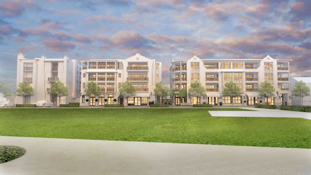 architectural rendering of a couple white buildings designed for multi residential housing