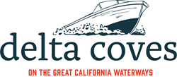 new community logo, illustration of a boat speeding through water with the Delta Coves emblem below the wake