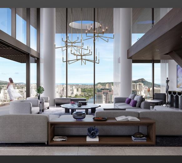 high rise penthouse suite with floor to ceiling windows, modern chandeliers and a woman in the far left on the patio looking out over oahu