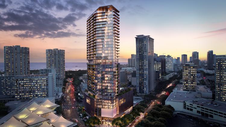 residential tower set in lush greenery in a busy urban hawaiin hub on oahu