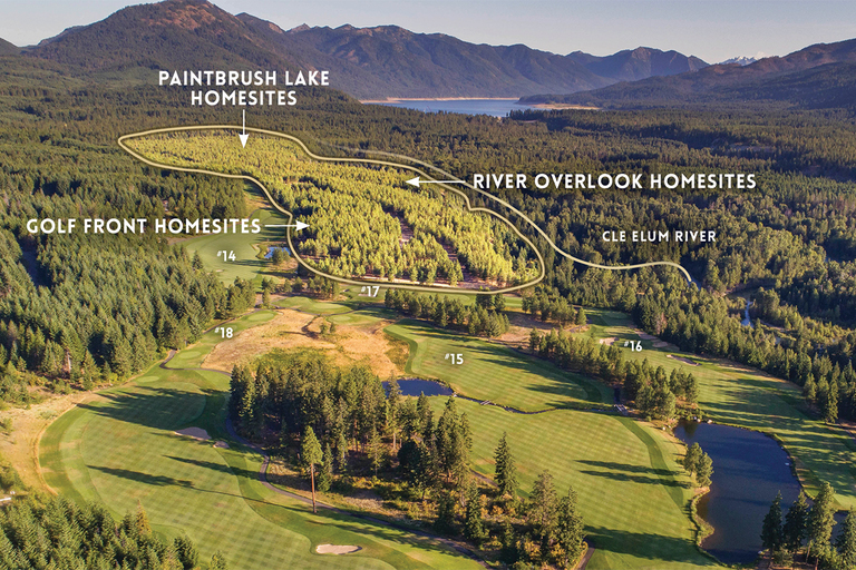 golf course set in a mountain range and valley with a large river behind it - overlay text prescribing homesites to certain topographical regions in the image
