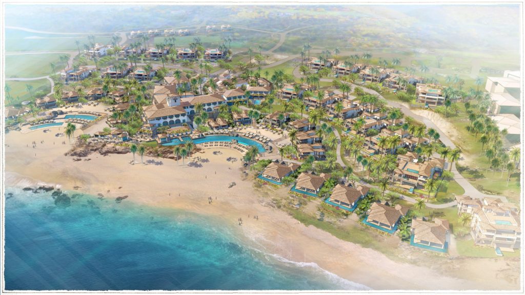 aerial rendering of a mexican resort set on a coastal desert inlet with several beachfront pools, cottages and lush greenery with scattered palm trees. the blue ocean water meets the edge of the sand