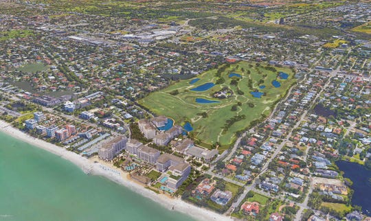aerial image of the proposed naples beach hotel and golf club.