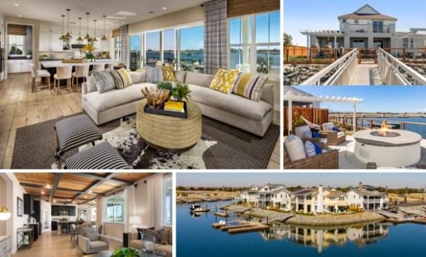 collaged image with a variety of interior and exterior shots of new, residential housing set on water