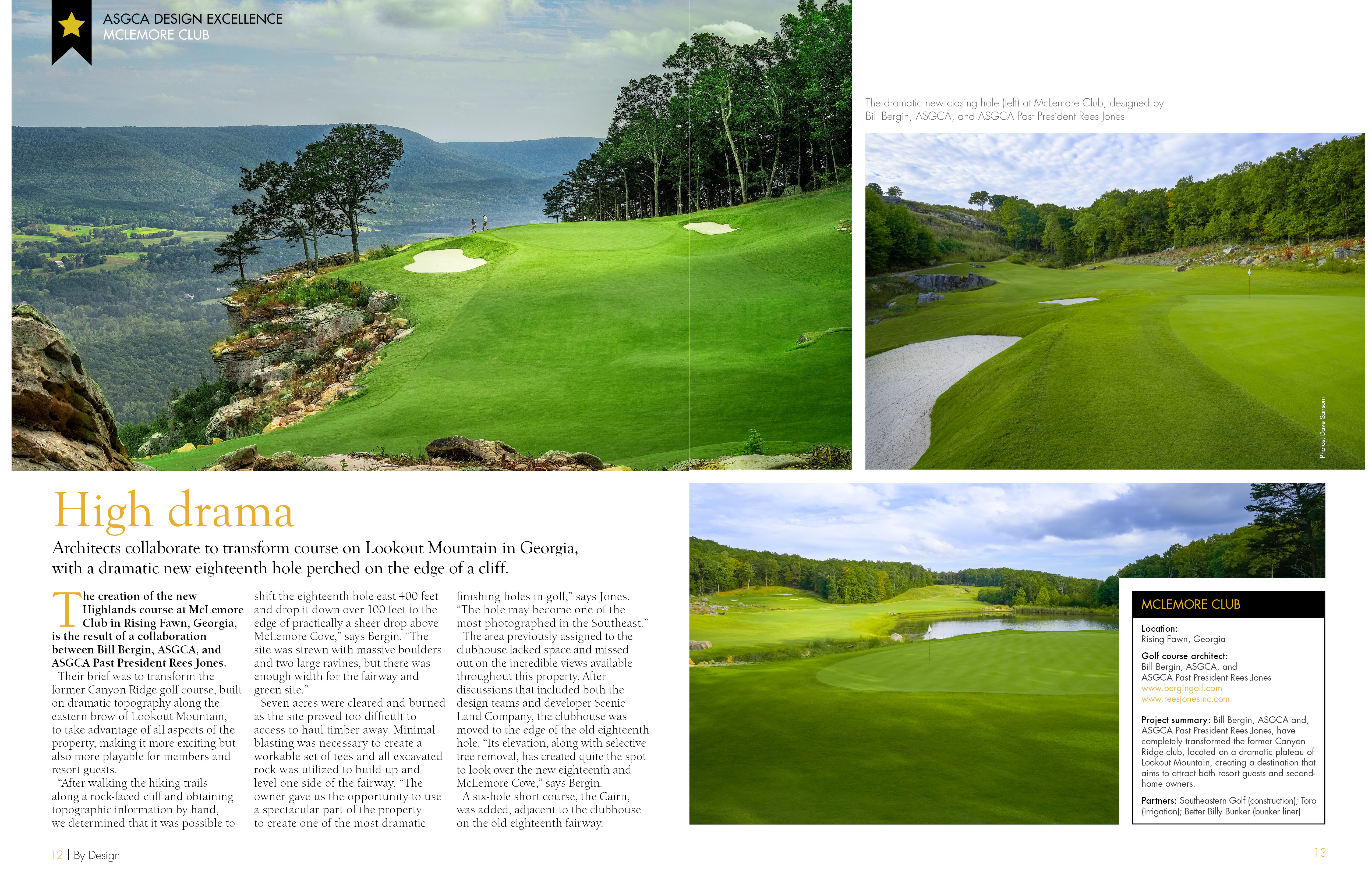 a magazine spread highlighting the eighteenth hole of a golf course that hangs off the edge of a cliff. Beyond that cliff are sweeping views of a lush green valley below.