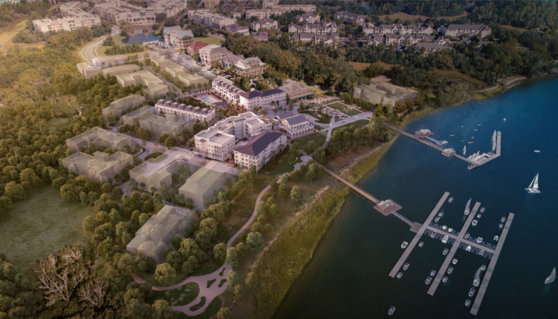 aerial rendering of a peninsula with a large clubhouse surrounded by water and multiple docks with boats