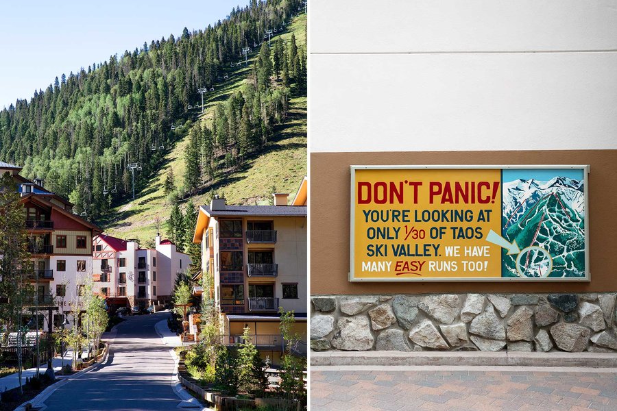 two images collaged together. the first photograph is of a small ski village in the summer time. Residential looking condo buildings in a swiss ski lodge style are in front of a steep. heavily forested mountain. The second image is of a sign.