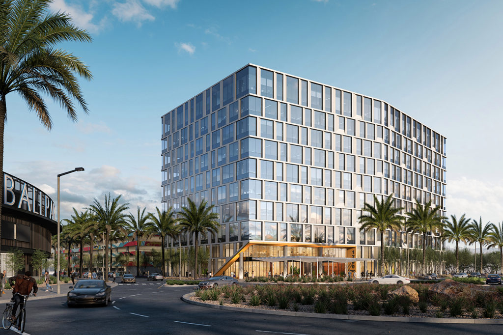 rendering of the exterior of an office building with palm trees and a streetscape surrounding
