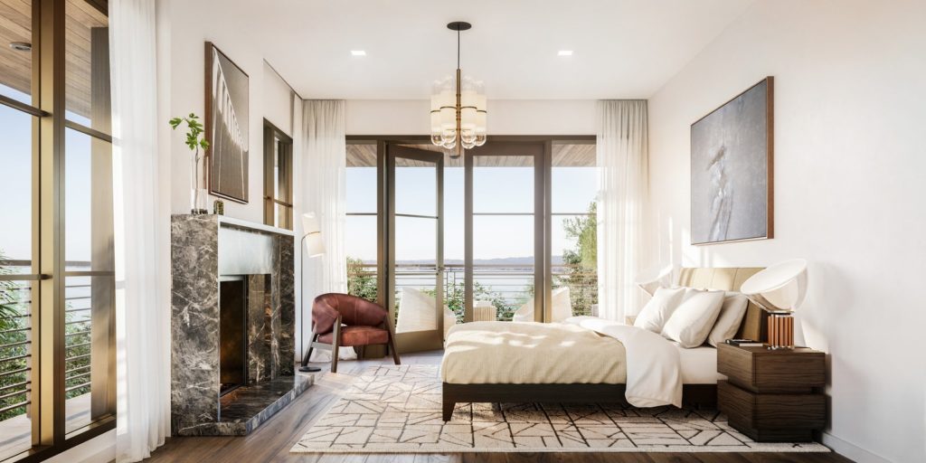 rendering of and interior vignette of a bedroom with views of the ocean