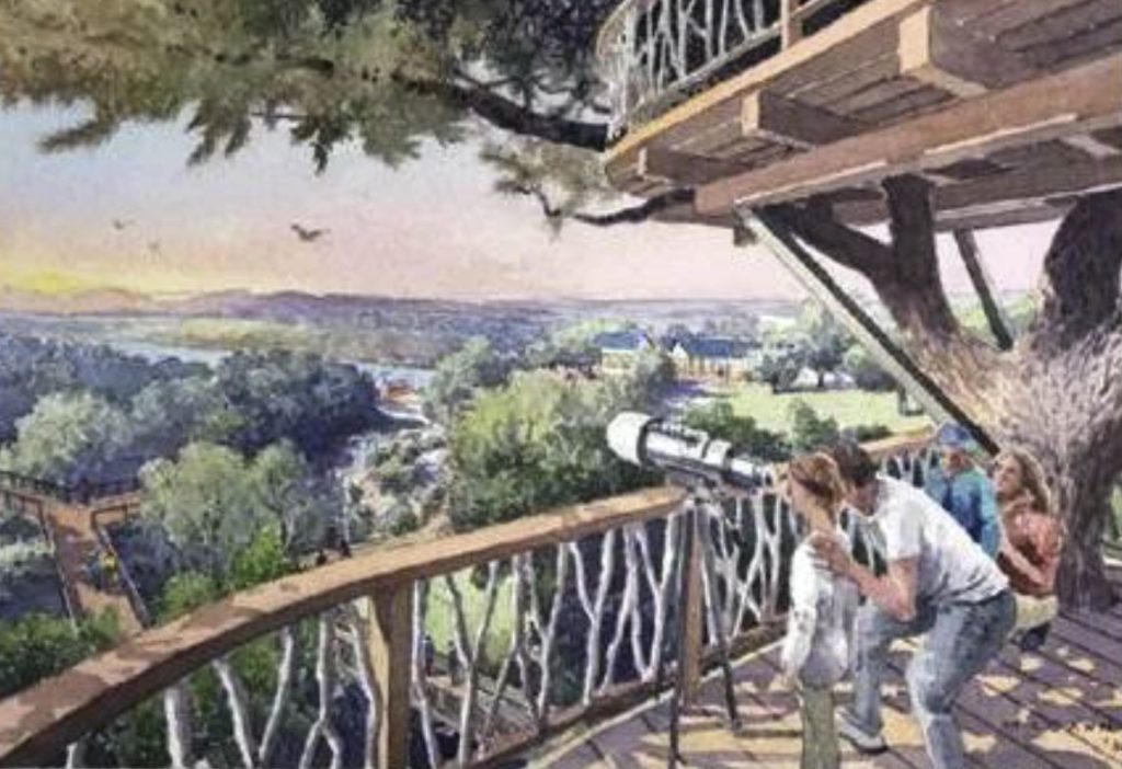 watercolor rendering of a father and daughter in a tree house looking through a telescope at a large, heavily forested area