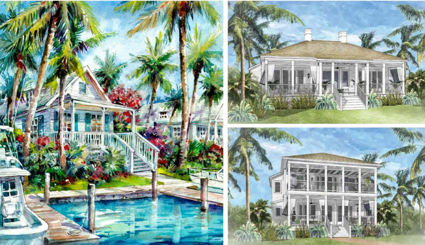 renderings of three small cottages with lush, Floridian inspired architecture and landscaping all sitting on the water