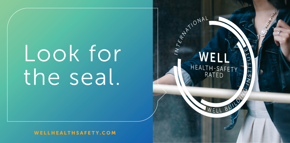 well healthy and safety logo overlaid on a door with a girl opening it through the glass