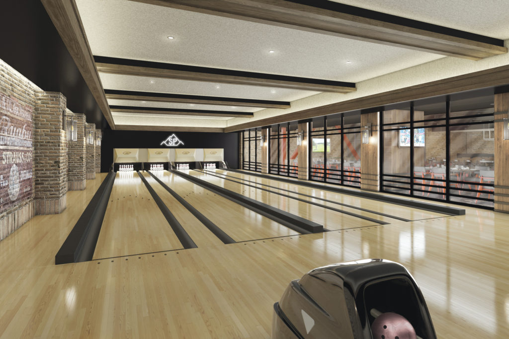rendering of a indoor bowling alley with neutral tones, smooth. light hardwood floors and bowling lanes