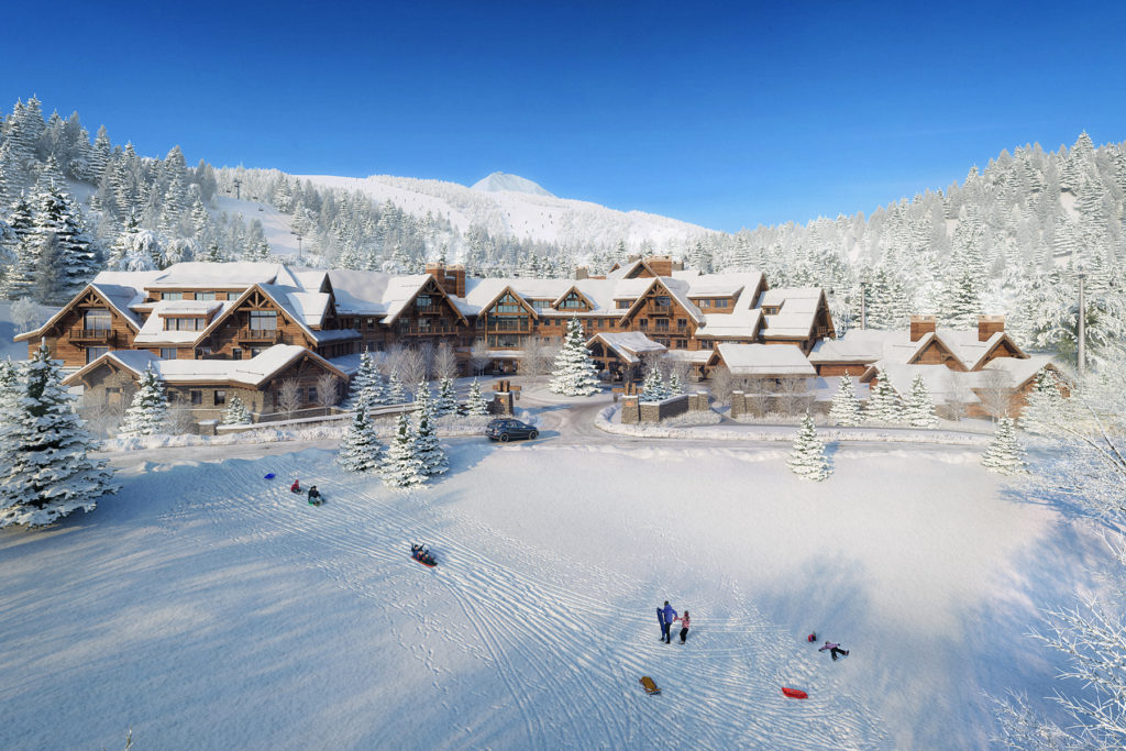 large mountain resort set in a snowy backdrop