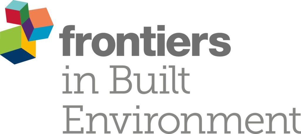 corporate logo with three perfect cubes and grey slab lettering that spells out frontiers in the built environment