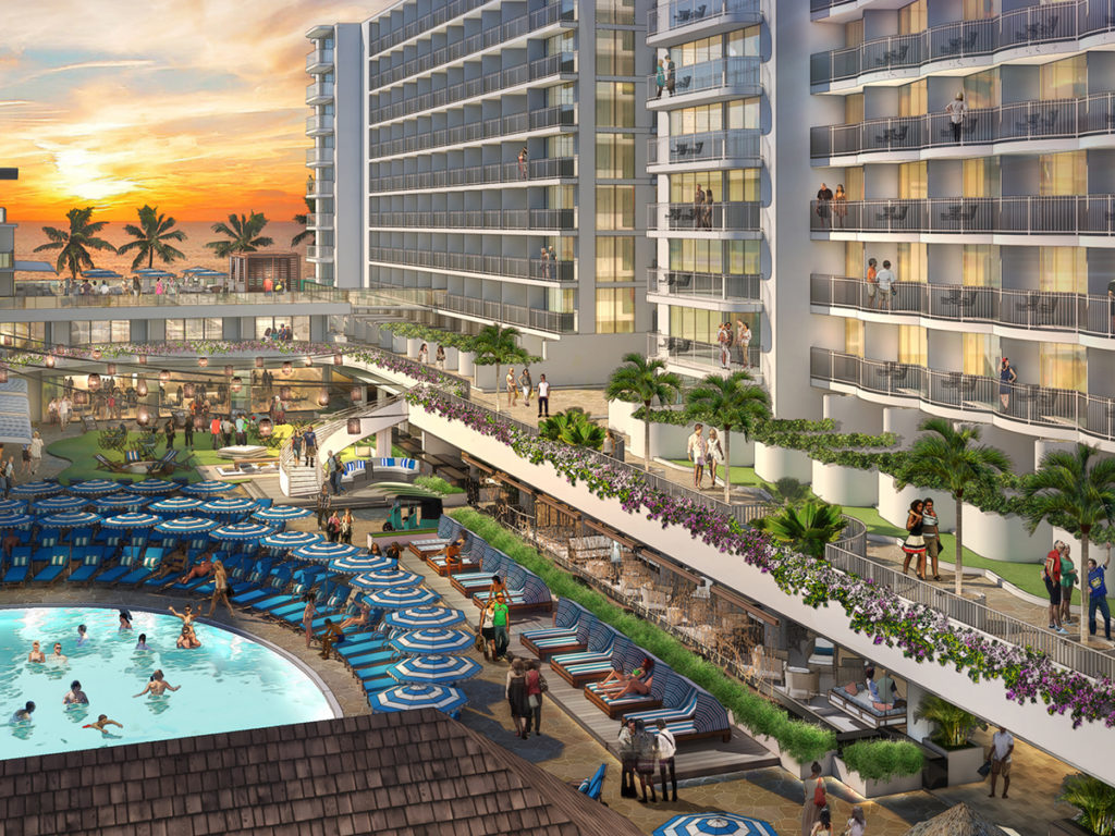 rendering of a waterfront resort with a large pool and two towers. The sun sets in the background.