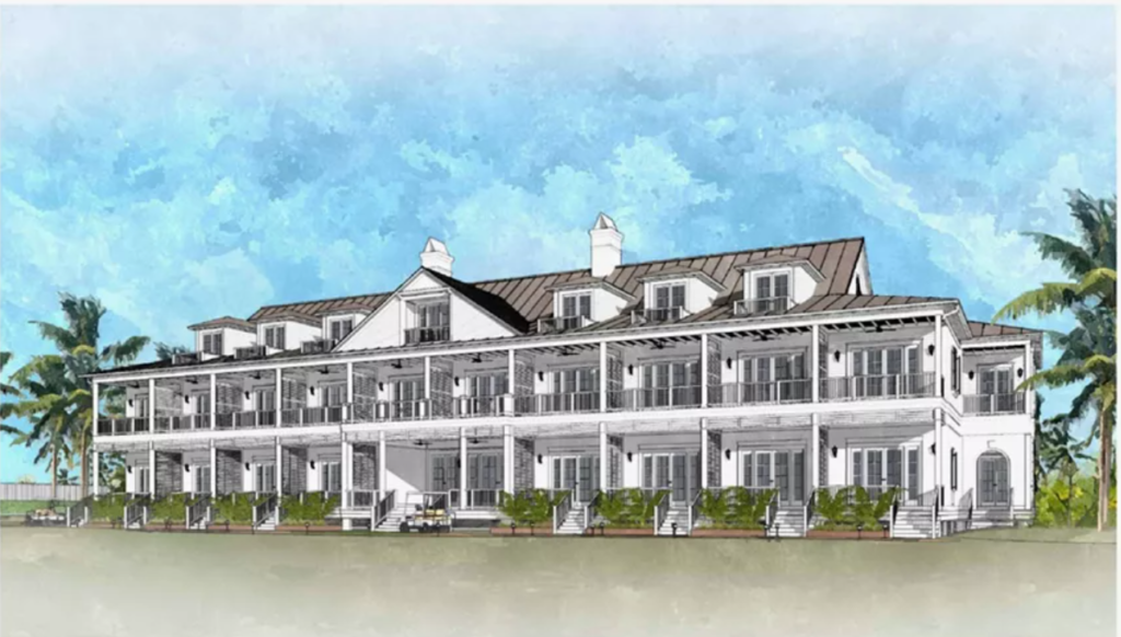 aerial rendering of a plantation style large building sitting landscaping with blue skies