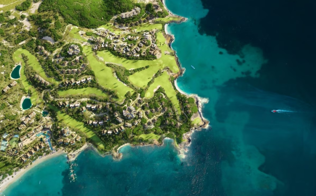 aerial rendering of a community set on a golf course on the coast