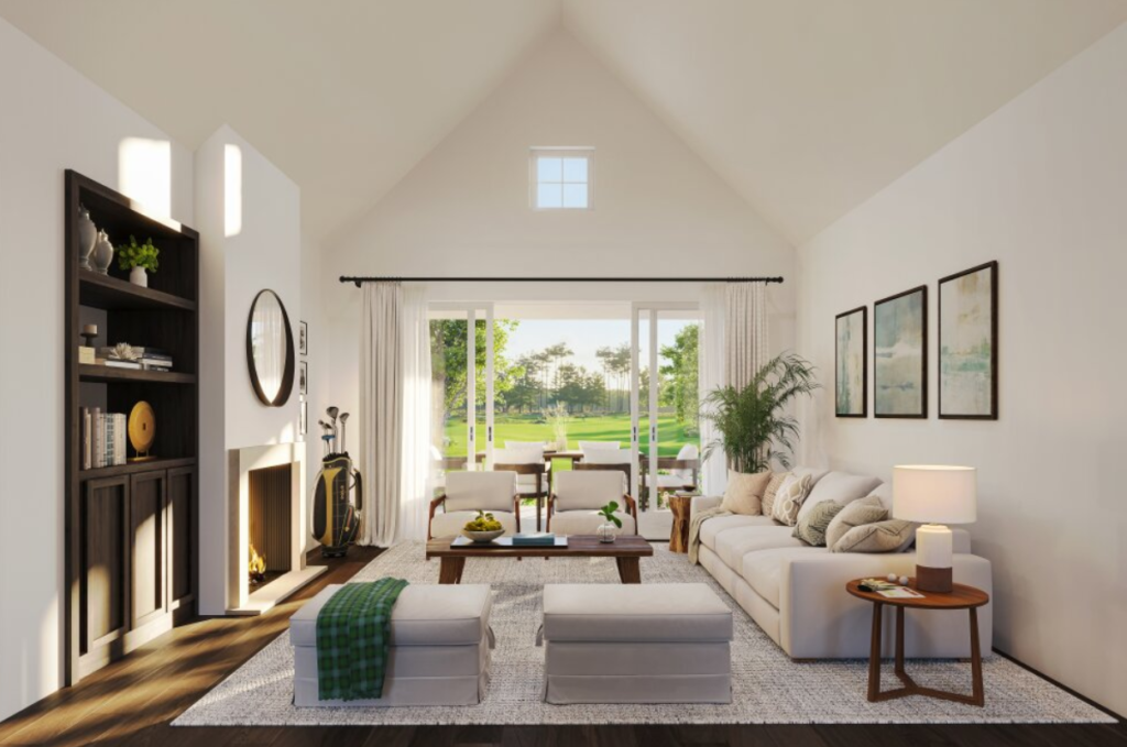 interior rendering of a small transitional cottage that looks out onto a golf course