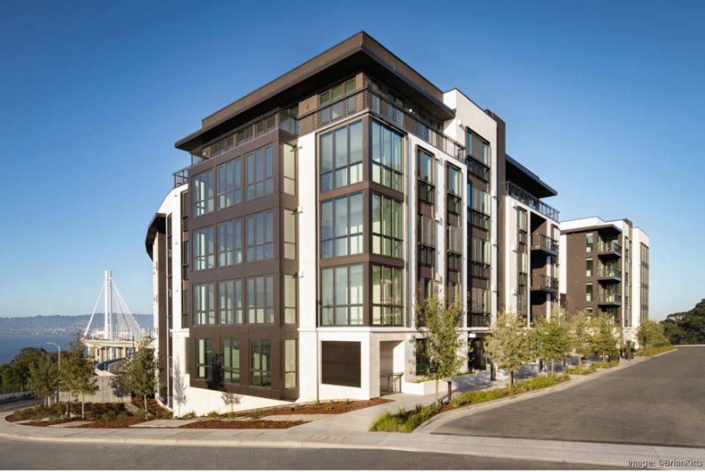 exterior photograph of an apartment building overlooking the sf bay