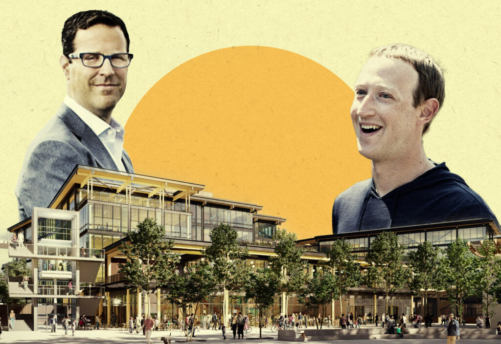 collaged image with two male faces and a modern building set in front of a setting sun