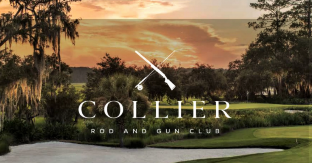 white logo overlaid on a green, lush golf course with live oaks and vibrant pink, orange and yellow skies in the distance