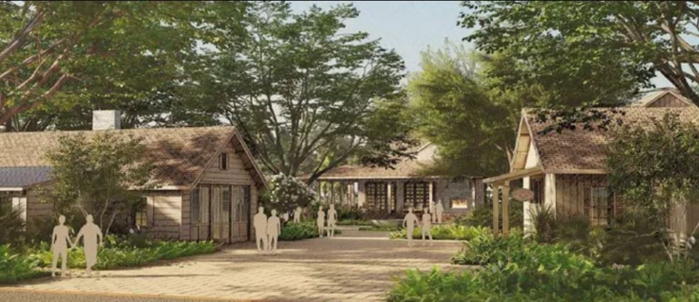 rendering of a residential area with small cottages and walkable paths set into green space
